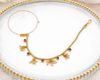 Gold Plated Pearl Nath with Single Chain | Traditional Bridal Nose Ring | Indian Wedding Nose Jewelry | Ethnic Festive Accessory