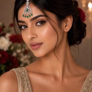 May include: A silver-toned headpiece featuring a central chain adorned with clear crystals and a fan-shaped pendant. The pendant is embellished with clear crystals and five dangling, pear-shaped green stones that rest on the forehead.