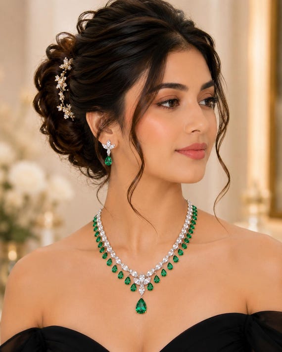 Emerald Green Teardrop Necklace Set With Matching Earrings | Silver Crystal Bridal Jewelry | Wedding Statement Necklace Gift