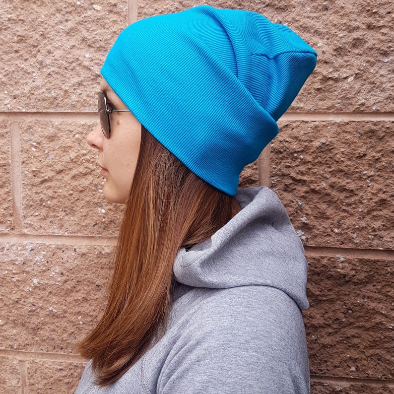 Blue adult beanie Cotton slouchy hat