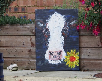 original cow painting, cow lovers, cow art, cow acrylic painting, british animal art, cow wall art, cow home decor, cow and sunflower,