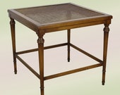 Mid-Century Walnut Side Table With Cane and Glass Top, Walnut End Table, Mid century End Table