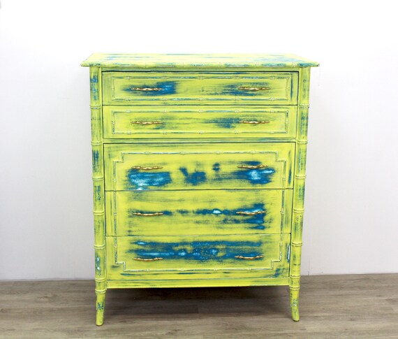 Mid Century Faux Bamboo Chest Of 5 Drawers Faux Bamboo Chest Etsy