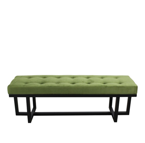 Green Velvet Mid Century Modern Stick Gold Legs Bench