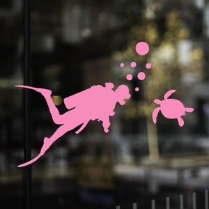 Scuba Diver With Turtle, Female Scuba, Diving, Beach, Flippers, Sea Turtle, Salt Water, Decal, Vinyl Decal, Sticker, Car Decal, Scuba Diving