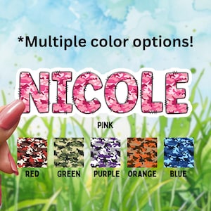 Camo Waterproof Name Decal - Multiple Color Options- Personalized Vinyl Sticker - NAME STICKER - Customized Stickers, Water bottle sticker