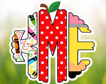 May include: A colorful school-themed design featuring the letters "M E" and a pencil. The letter "M" is red with white polka dots, and the "E" is a yellow pencil. The "M" is topped with a brown stem and green leaf.
