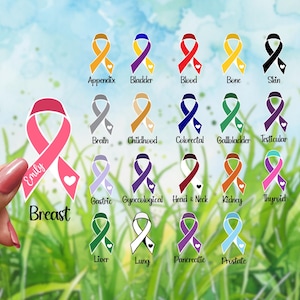 May include: A collection of colorful awareness ribbon stickers, each representing different types of cancer. The stickers include the names of the cancers, such as Breast, Bladder, and Skin. The Breast ribbon is pink with the name "Emily" on it.