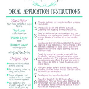 The image is a guide titled "Decal Application Instructions" that provides step-by-step instructions for applying decals to various surfaces, including tips for measuring, cleaning, and properly placing the decal.