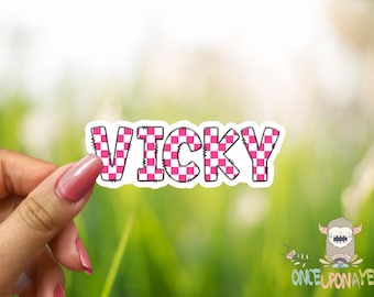 Personalized Waterproof Vinyl Name Sticker - Pink Retro Checker Decal