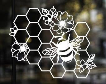 Save the Bees Floral Honeycomb Vinyl Decal: Boho Bee Decor