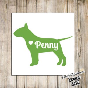 Bull Terrier With Heart Vinyl Decal, Silhouette, Car decal, Dog, Laptop, Sticker, Name, Miniature Bull Terrier, Personalized, Custom