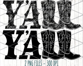 Y'all Western Boots PNG Clipart, Distressed Vector (Digital Download)