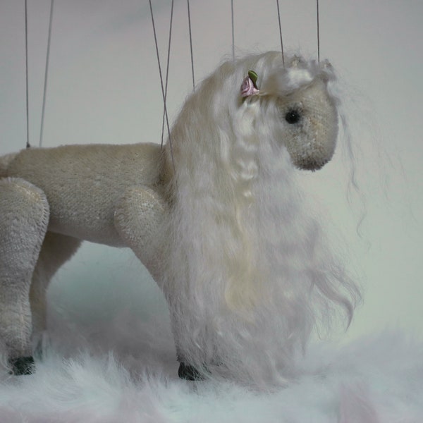 White marionette horse/Puppet horse/white stallion/Fairy tale horse puppet/Artistic marionette/Mohair/Marionette theater horse/Movable horse