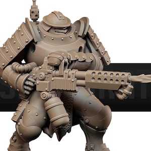 May include: A tan-coloured miniature figure of a heavily armoured warrior, holding a large, futuristic rifle. The figure is posed in a combat stance, with intricate armour plating and mechanical details. The rifle has multiple barrels and a complex design.