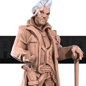 May include: A tan figurine of a character with a mechanical face and white hair, wearing a long coat, waistcoat, and tie. The figure holds a cane and a gun. A rose is pinned to the coat. The figure has a steampunk aesthetic.
