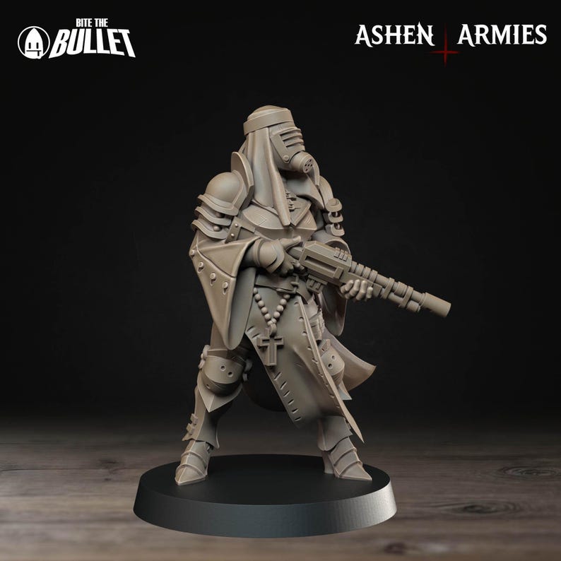 May include: A grey figurine of a soldier in a hooded helmet and armour, holding a rifle. The figure has a respirator mask and a rosary. The words "Bite the Bullet" and "Ashen Armies" are visible.