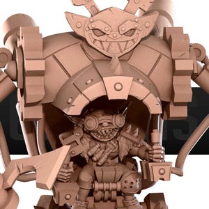 Op de afbeelding: Een 3D-geprint beeldje van een goblin die op een mechanisch apparaat rijdt. De goblin draagt een bril en houdt een hamer vast. Het apparaat heeft een groot tandwiel aan de achterkant en een kleiner tandwiel aan de voorkant.