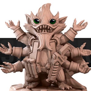May include: A tan-colored fantasy figurine of a creature with multiple arms, green eyes, and a toothy grin. The figure is wearing armor and carrying a weapon, suggesting a warrior or adventurer theme. The design is detailed and stylized.