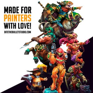 May include: A selection of fantasy miniatures, including a centaur, a cat in boots, and a futuristic armored figure. The image features the text "MADE FOR PAINTERS WITH LOVE!" and the website "BITETHEBULLETSTUDIO.COM". The figures are brightly coloured.