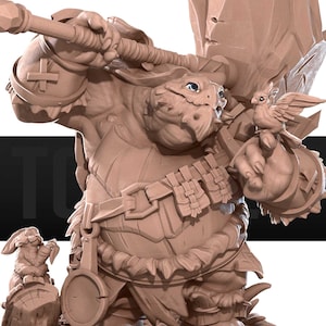 May include: A brown, sculpted figurine of a large, anthropomorphic turtle-like creature wearing armour and holding a large weapon. The creature has a small bird perched on its hand.