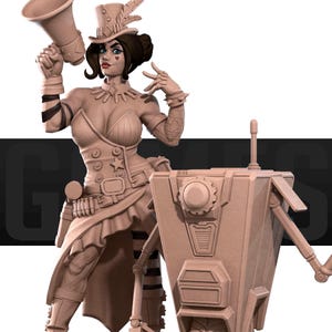 Puede incluir: Figura de color beige de una mujer con un atuendo de inspiración steampunk, sosteniendo un megáfono. Lleva un sombrero de copa con plumas, un corsé y una falda. Un robot compañero está a su lado.