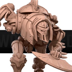 Könnte beinhalten: Ein detailliertes 3D-Modell eines Roboters mit Helm und einer großen Klinge. Der Roboter ist aus Metall und hat eine braune, strukturierte Oberfläche.