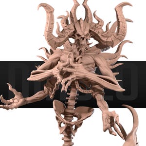 May include: A detailed 3D printed model of a skeletal demon with horns, claws, and a bony structure. The model is painted in a light brown colour.