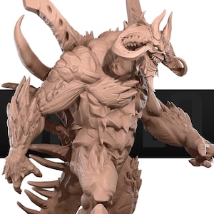 May include: A detailed 3D model of a monstrous creature with sharp horns, claws, and a fierce expression. The model is sculpted in a light brown colour, giving it a realistic appearance.
