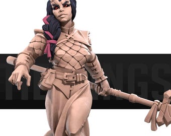 May include: A detailed figurine of a female fantasy character with horns, red eyes, and a long braid with pink accents. She wears armor and holds a weapon, with a belt and pouches. The figure is in a neutral color.
