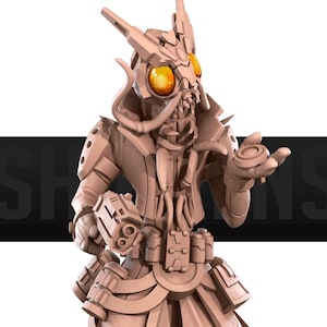 May include: A detailed, light brown figurine of a creature with large, orange eyes and a complex, armored design. The figure is holding a gun and a small disc, with intricate details on the armor and head. The overall aesthetic suggests a science fiction or fantasy theme.