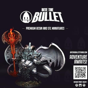 May include: A detailed miniature figure of a winged demon holding a staff with a fiery top. The figure is in shades of grey and silver, with intricate armour and a long tail. The image includes the text "BITE THE BULLET" and "ADVENTURE AWAITS!"