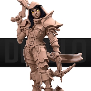 May include: A tan figurine of a warrior in armour, holding a crossbow and a weapon. The figure has a hooded helmet, black hair, and glowing yellow eyes. The armour has intricate details and a cape.