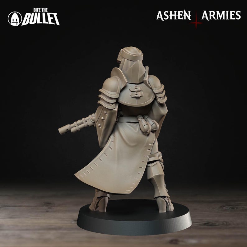 May include: A grey miniature soldier figure, viewed from the back, holding a weapon. The figure is clad in armour and a long coat. The text "Bite the Bullet" and "Ashen Armies" are displayed.