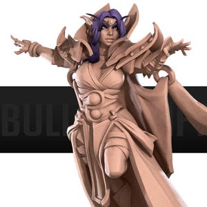 May include: A tan-colored fantasy figurine of an elf-like character with long purple hair, wearing ornate armor with high shoulder guards and a flowing cape. The character is posed with arms outstretched, featuring pointed ears and a focused expression.
