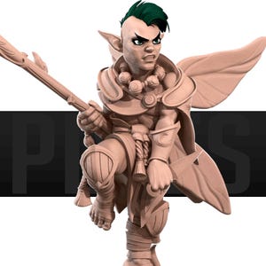 May include: A 3D-rendered figurine of a fantasy character with pointed ears, green hair, and a determined expression. The character is posed dynamically, holding a staff and wearing armor with intricate details. The figure has wings and is in a fighting stance.