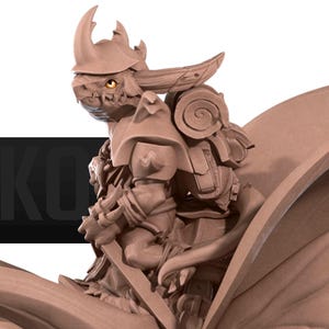 May include: A detailed sculpture of a fantasy creature, possibly a lizard or dragon-like humanoid, wearing armour and a helmet with horns. The figure has a backpack and appears to be holding a sword. The sculpture is a monochromatic beige colour.