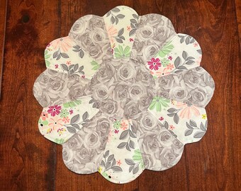 Spring Table Topper, Quilted Table Topper, Easter Table Topper, Fabric Centerpiece, Floral Table Topper, Floral Table Runner, Gray and White