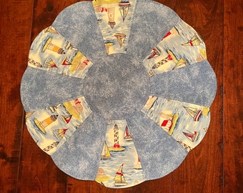 Lighthouse Quilted Table Topper, Sailboat Table Topper, Table Mat, Spring Doily, Beach Table Runner, Summer Doily, Coastal Table Topper