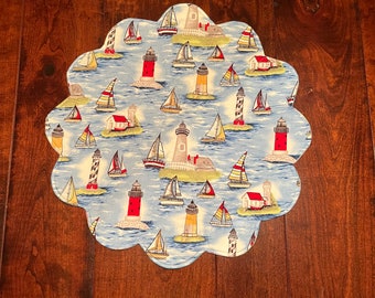 Summer Table Topper, Quilted Table Topper, Spring Table Topper, Fabric Centerpiece, Easter Table Topper, Sailboat Table Runner, Boat Decor