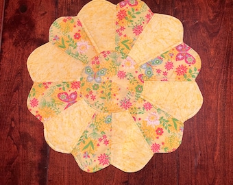 Yellow Floral and Butterfly Table Topper, Summer Table Runner, Spring Table Topper, Floral Table Topper, Doily, Green Floral Table Topper