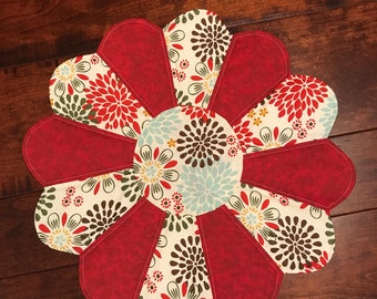 Fabric Centerpiece, Round, Floral, Quilted Doily, Table Mat, Tabletopper
