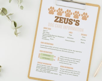 Kontaktinformationen für Hunde / Pflegeplaner für Hunde / Pflegeinformationen / Pflegeanleitung / Anleitung für Haustierpflege