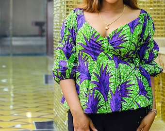 Women African blouse, African print top, African fashion top, African wrap top, Ankara blouse, African clothing, Ankara wrap top