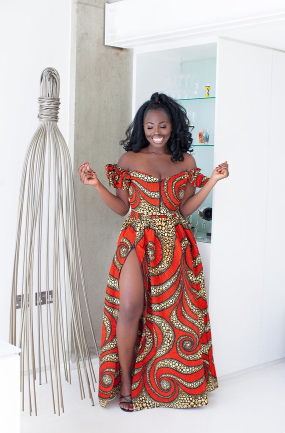 Bustier bra crop top African print matching maxi skirt set high rise side  split #ootd #fas…