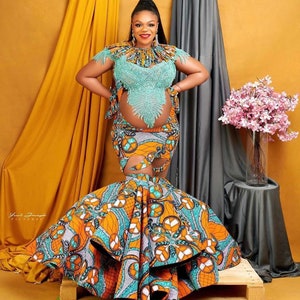 Luxury maternity African dress, Pregnancy photoshoot dress, African mermaid gown, Ankara dresses, Ankara gown, African print maternity gown