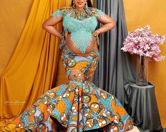 Luxury maternity African dress, Pregnancy photoshoot dress, African mermaid gown, Ankara dresses, Ankara gown, African print maternity gown