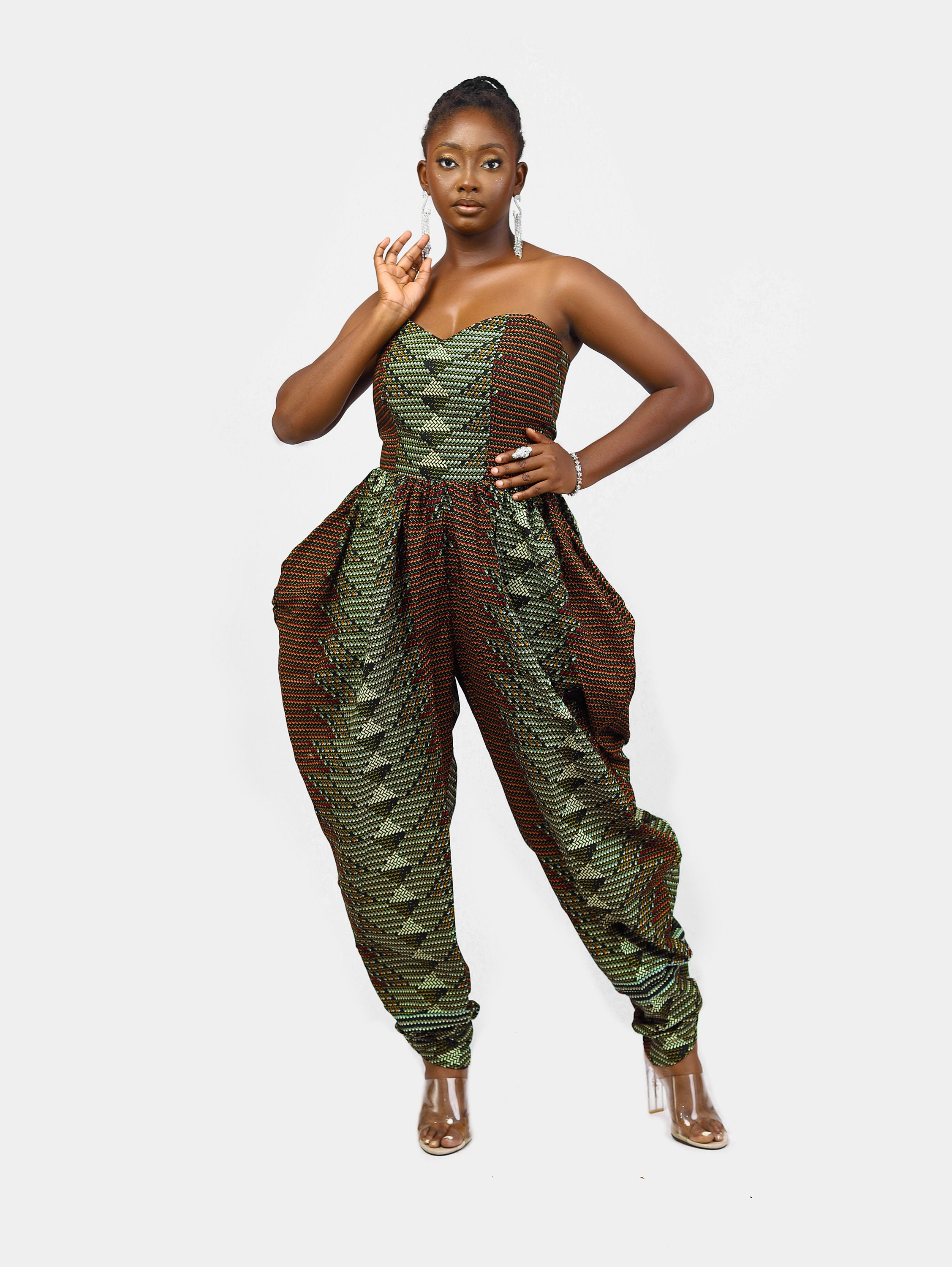 GLUDEAR Women's African Print Romper - V-Neck Spaghetti Strap Loose Boho Jumpsuit For Beach & Vacation