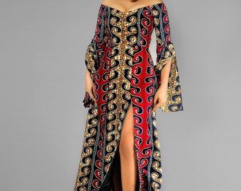 African dress, Ankara gown, African maxi dress, African print dress with slits and flare sleeves, African fashion, African clothing