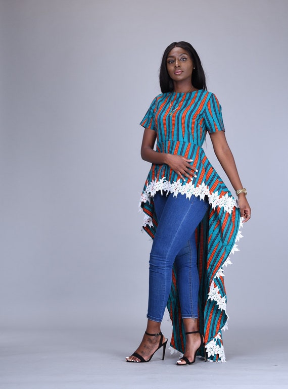 Silver & Blue African Print Tie Waist Peplum Top - African Clothing Store